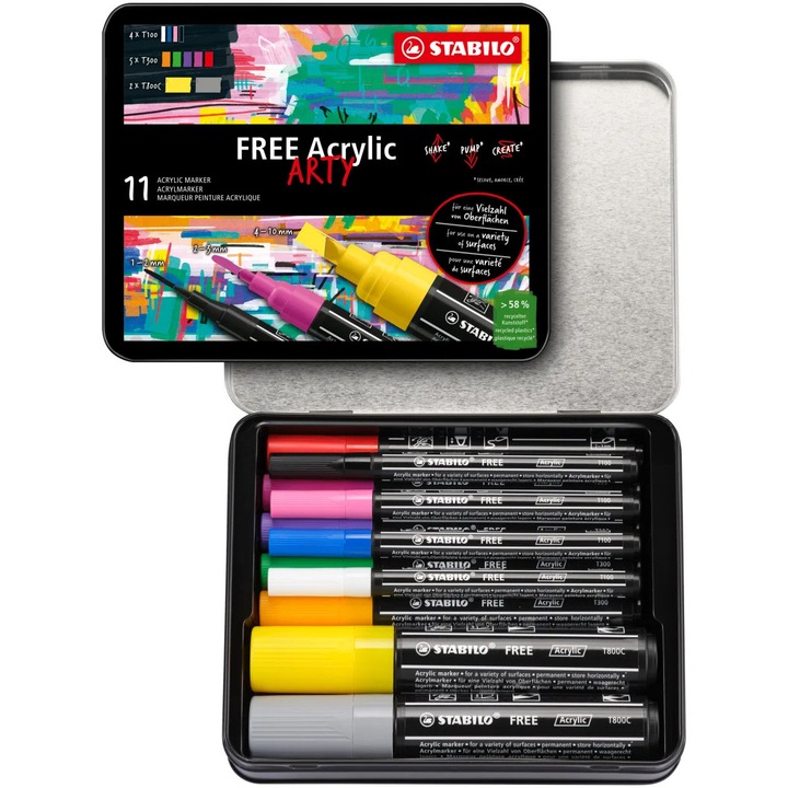 Marker acrilic Stabilo Free Starter Kit, 4 x T100, 5 xT 300, 2 xT 800, 3 culori / set, cutie metalica