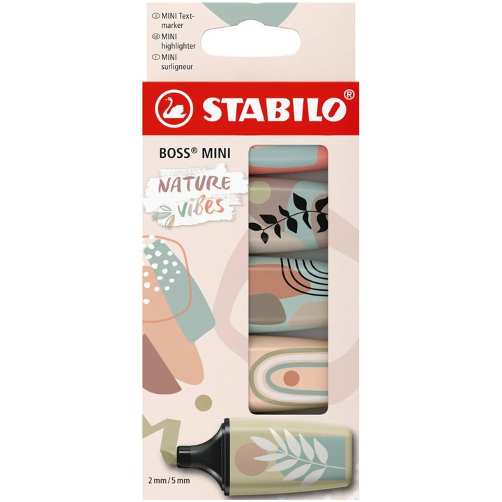 Textmarker Stabilo Boss mini Naturevibes, 5 culori / set, mud green, earth green, sienna, beige, warm grey, etui caton