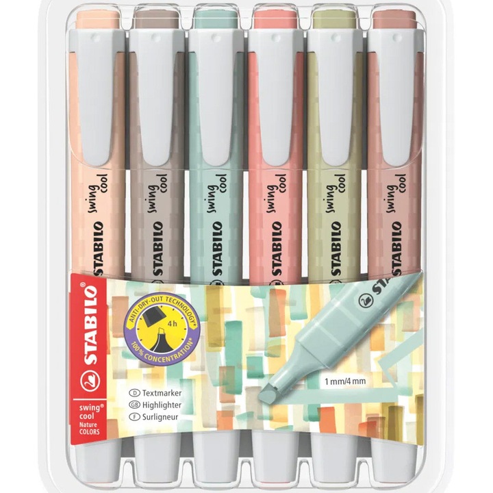 Текст маркер Stabilo swing cool NatureCOLORS, 6 цвята/комплект