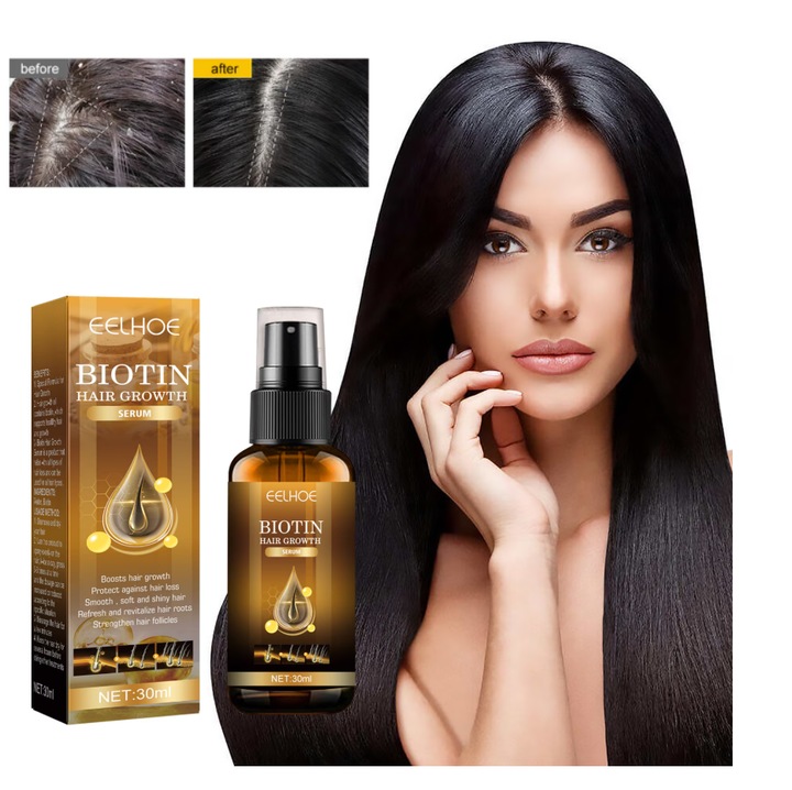 Биотинов серум за коса, терапия за бърз растеж, укрепване на косата, спира косопада, възстановява краищата, здрав скалп, хидратира чуплива коса, натурален серум против косопад, гъста и здрава коса