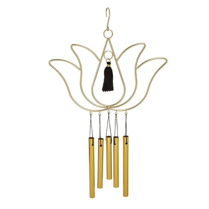 Clopotei de Vant Floare de Lotus cu 5 Fluiere Metalice Aurii & Ciucure 25x39cm