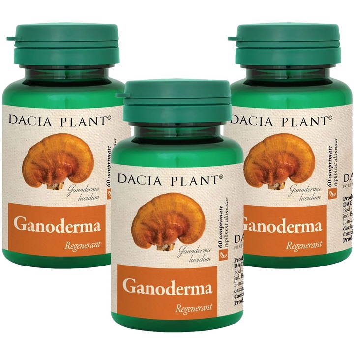 Pachet Ganoderma lucidum extract cu 20% polizaharide "Regenerare celulara si Sustinere imunitara", 3x60cp, Laboratoarele Dacia Plant