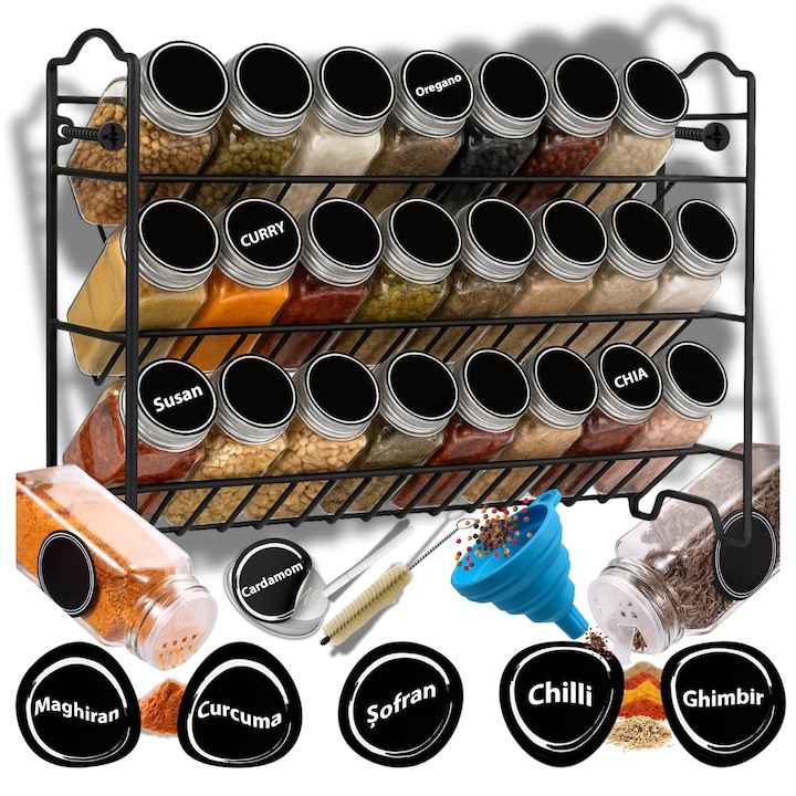 GALAXIA® 3-етажна поставка за подправки с 24 стъклени буркана + 72 самозалепващи се етикета – органайзер за подправки за кухня