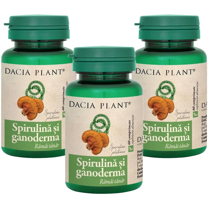 Pachet Spirulina si Ganoderma 500mg, "Longevitate, Energie, Imunitate si Detoxifiere", 3x60cp, Laboratoarele Dacia Plant
