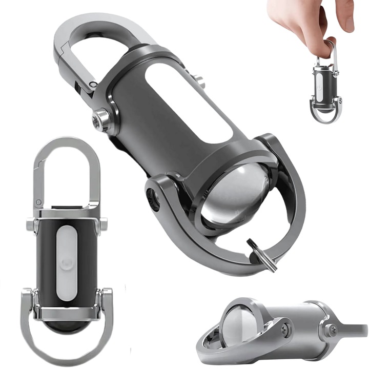 Lanterna mini cu breloc, luminozitate 1200 lumeni, reincarcabila 1000mAh cu incarcare rapida Type-C, design metalic ultra compact, rezistenta la apa, gri