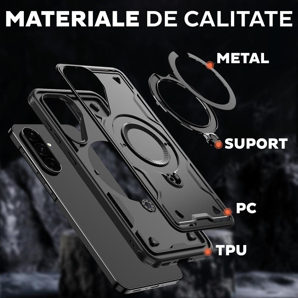 Husa pentru Samsung Galaxy S25 Daden® Hybrid Armor, MagRing, Antisoc, MagSafe, Inel rotativ, Calitate Premium, Negru