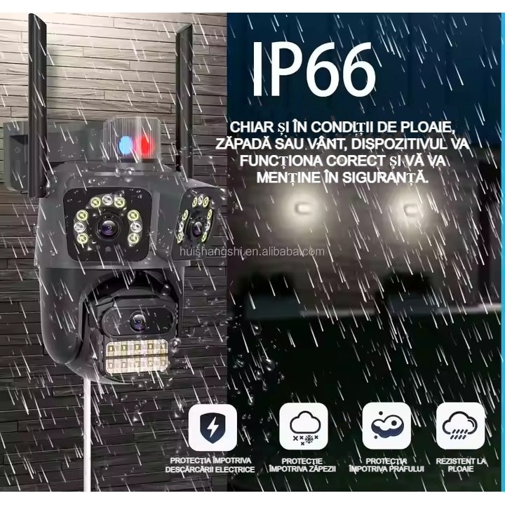 Camera Supraveghere Wi-Fi PTZ, 15MP, 3 Lentile, Vizibilitate 100m, Detectie AI, IP66, Control prin Aplicatie, Negru