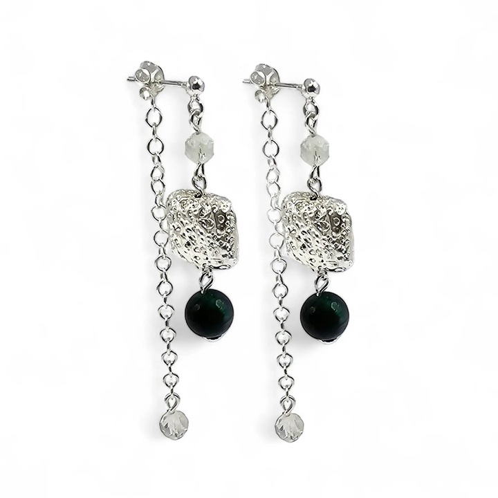 Cercei handmade, din argint 925, Lexy's Boutique, pietre semipretioase topaz, ochi de tigru si lava, verde/argintiu