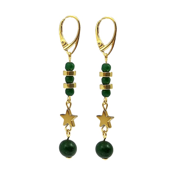 Cercei handmade, din argint 925 placat cu aur 24k, Lexy's Boutique, pietre semipretioase jad si hematit, verde/auriu