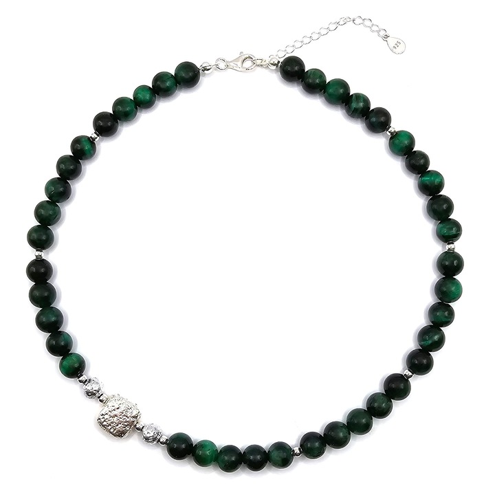 Colier handmade, din argint 925, Lexy's Boutique, pietre semipretioase ochi de tigru si lava, verde/argintiu, max. 45 cm