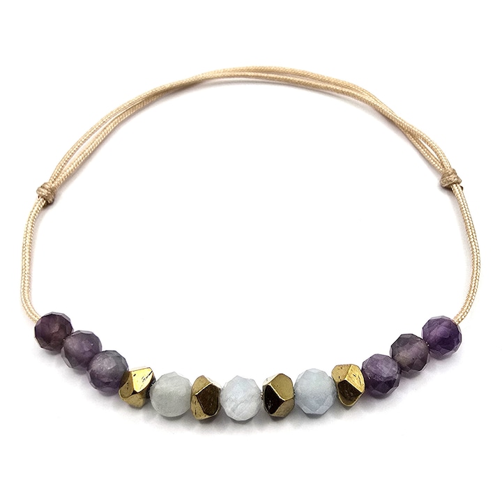 Bratara handmade, ajustabila, zodia Pesti, Lexy's Boutique, pietre semipretioase ametist, hematit si acvamarin, bej