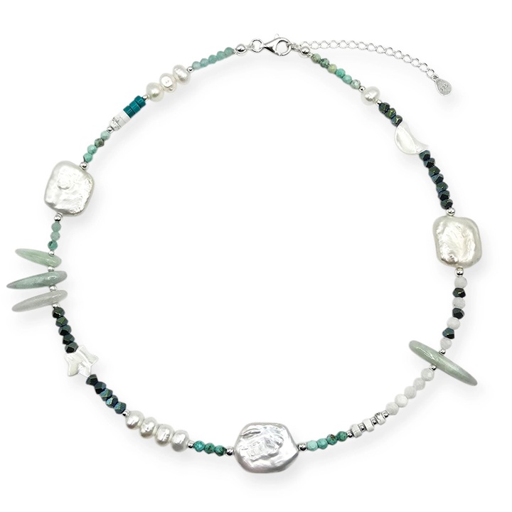 Colier handmade, ajustabil, din argint 925, Lexy's Boutique, pietre semipretioase si perle naturale, verde/alb, max. 46 cm