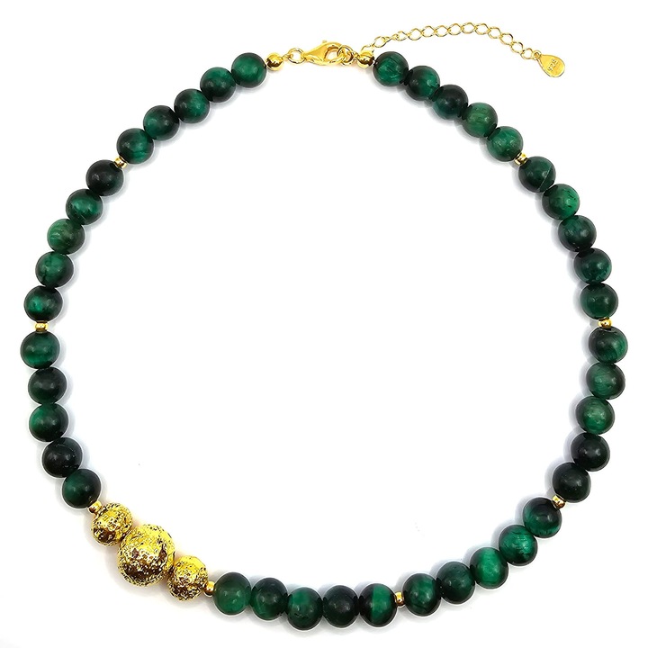 Colier handmade, din argint 925 placat cu aur 24k, Lexy's Boutique, pietre semipretioase ochi de tigru si lava, verde/auriu, max. 44 cm