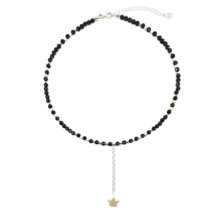 Colier handmade, ajustabil, din argint 925, Lexy's Boutique, pietre semipretioase spinel si perle de cultura, negru/alb, max. 43 cm