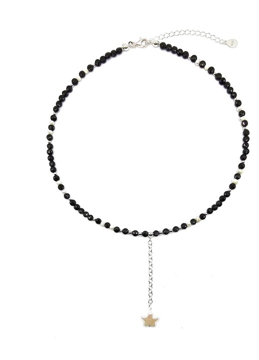 Colier handmade, ajustabil, din argint 925, Lexy's Boutique, pietre semipretioase spinel si perle de cultura, negru/alb, max. 43 cm