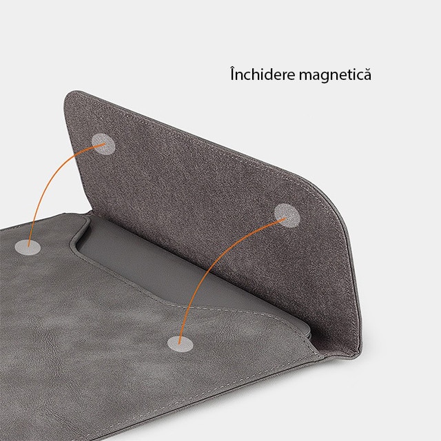 Husa protectie laptop 14.1"/15.6", piele ecologica, inchidere magnetica verticala, gri