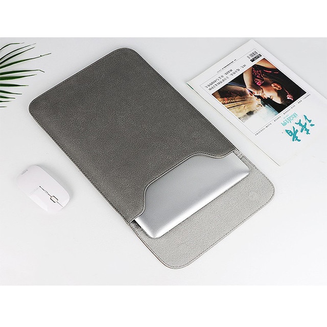 Husa protectie laptop 14.1"/15.6", piele ecologica, inchidere magnetica verticala, gri