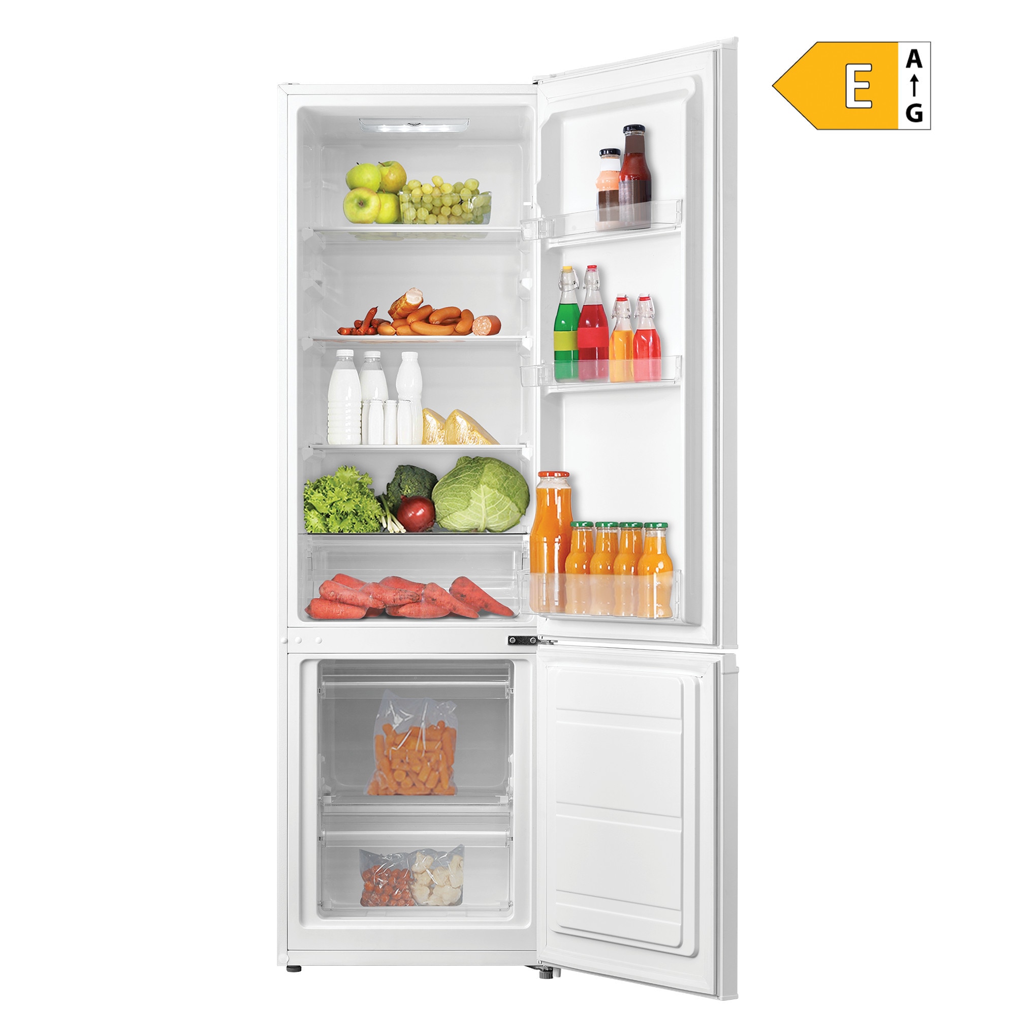 Combina frigorifica VIVAX CF-259ELF W, Capacitate 262 L, Clasa E, Low Frost, Termostat reglabil, Iluminare LED, Suprafata painted metal, Usi reversibile, Inaltime 180 cm, Alb