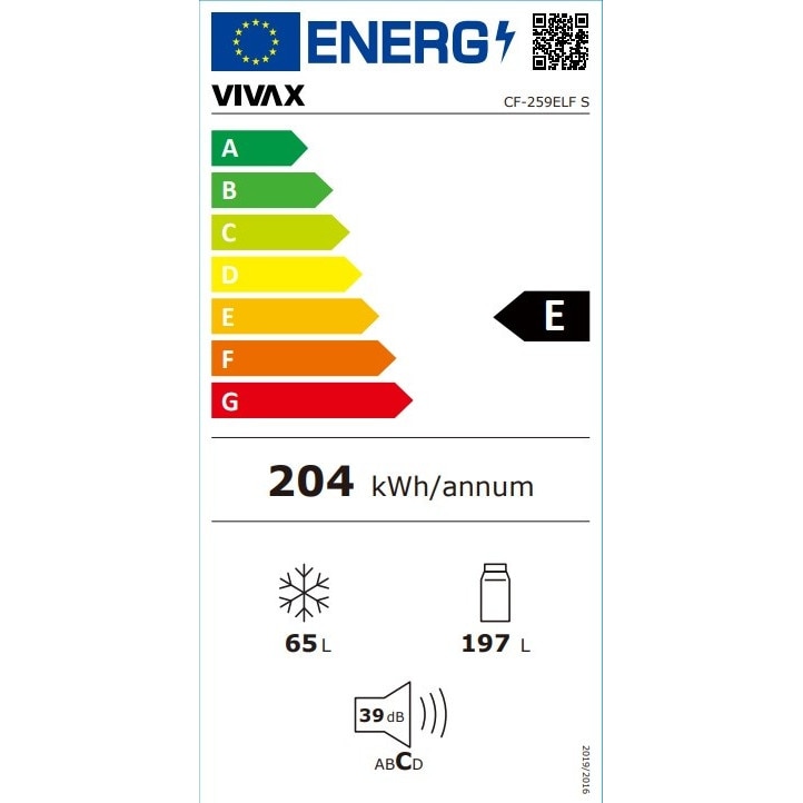 Combina frigorifica VIVAX CF-259ELF W, Capacitate 262 L, Clasa E, Low Frost, Termostat reglabil, Iluminare LED, Suprafata painted metal, Usi reversibile, Inaltime 180 cm, Alb