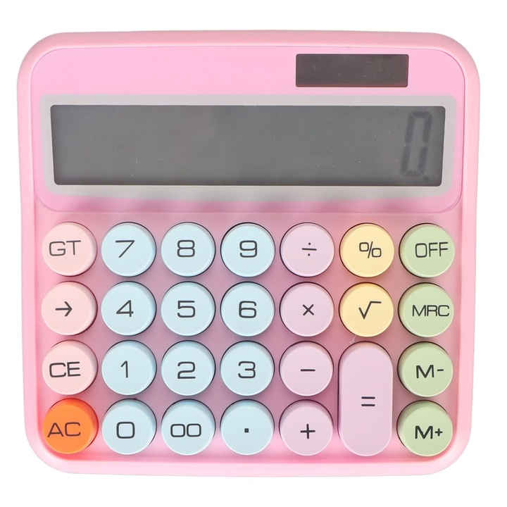 Calculator de birou, mecanic, display LCD, butoane rotunde, alimentare duala, auto POWER OFF, 15 inch, pentru scoala, acasa, Roz