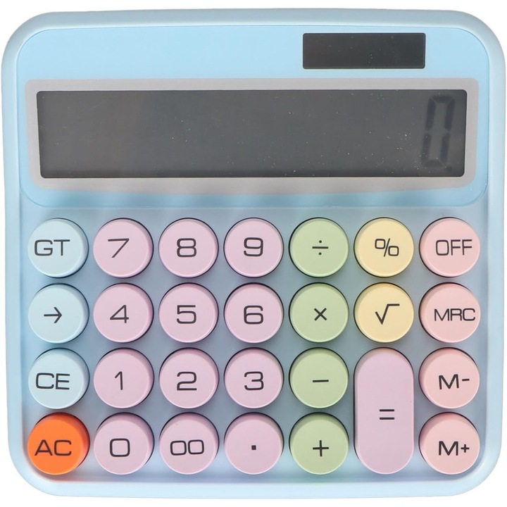 Calculator de birou, mecanic, display LCD, butoane rotunde, alimentare duala, auto POWER OFF, 15 inch, pentru scoala, acasa, Bleu