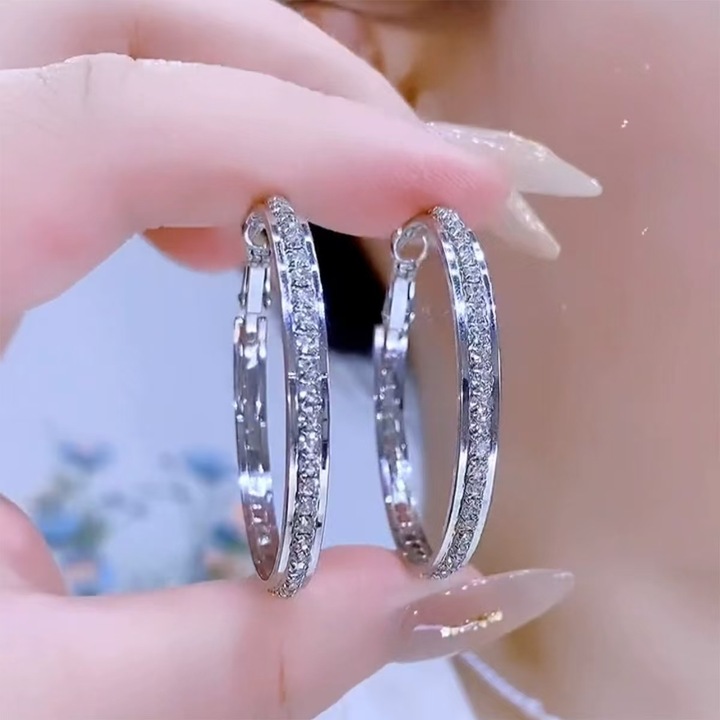 Cercei rotunzi mari cu zirconii complet, ac de argint 925, diametru 4.0cm, argintiu, cu cutie de bijuterii