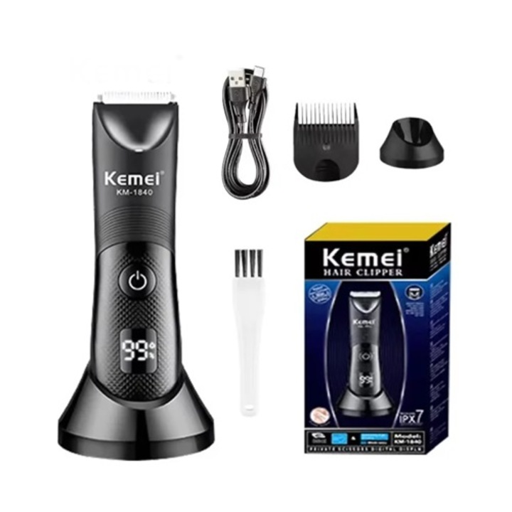 Masina de tuns Kemei KM-1840, inghinal, barba si corp, rezistent la apa IPX7, 6000 rpm, cu stand, incarcare Type-C, negru