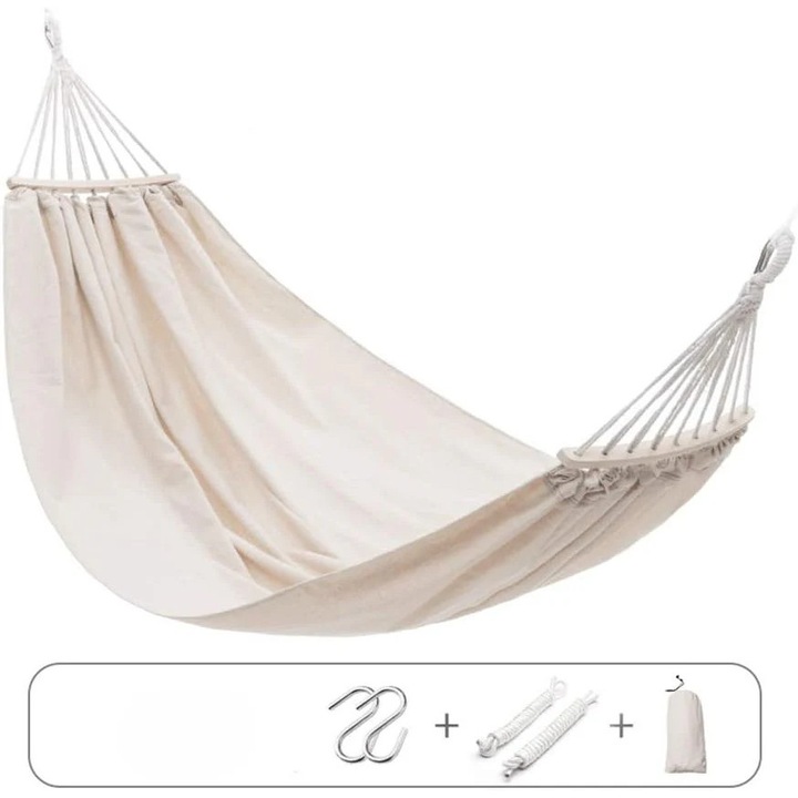 Hamac din bumbac Vivendo®, cu Carlige, Franghii si Sac de Transport, 1 persoana, 200x150 cm, Crem, sustinere 120 kg
