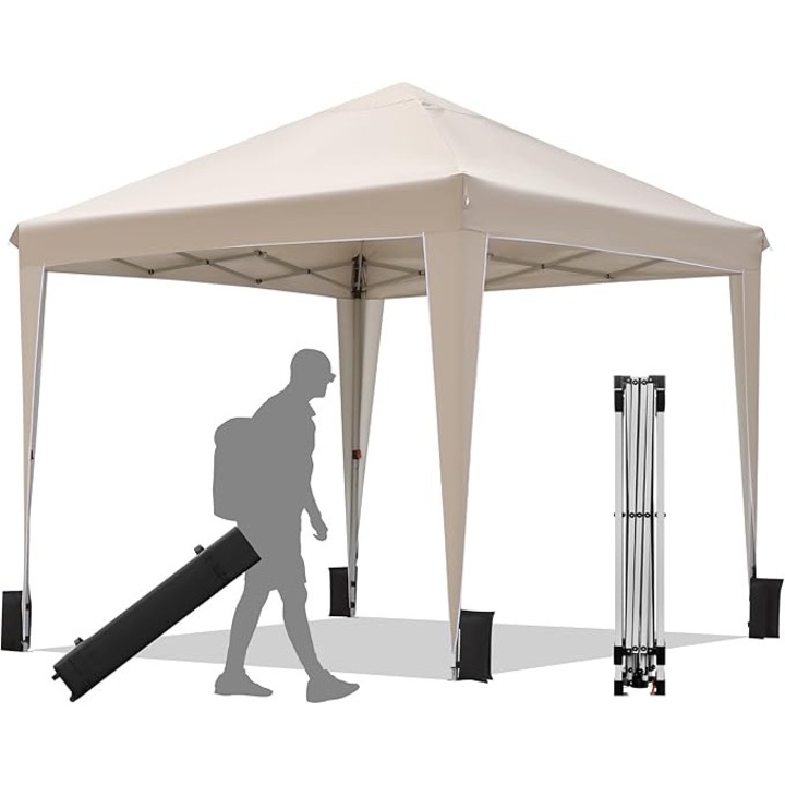Cort pavilion pliabil, 3m x 3m, protectie UV 50+, impermeabil, marchiza, reglarea inaltimii pe trei niveluri, cu sistem pop-up click, geanta de depozitare, 4 saci nisip, 8 cuie si 4 franghii ancorare, pentru curte, plaja, camping