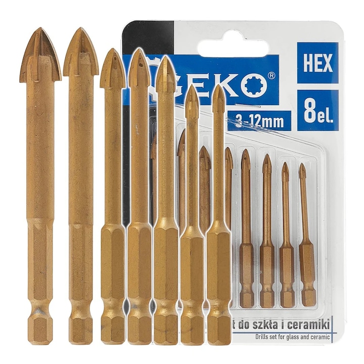 Set burghie pentru sticla si ceramica HEX 8-12 mm, 8 bucati, Geko G39701