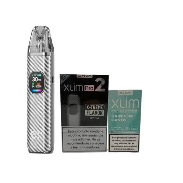 Tigara Electronica Kitul Oxva Xlim Pro 2 Pod -Silver Carbon, Tigara Electronica + Oxva Xlim Prefilled Cartridge Rainbow Candy 20mg (Pack 3)