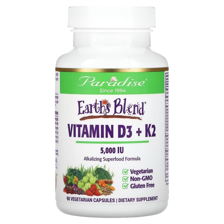 Supliment alimentar, Paradise Herbs, Earth's Blend, vitamina D3 + K2, 90 capsule vegetale, pentru femei si barbati