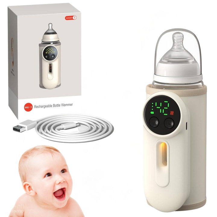 Incalzitor Biberoane Portabil INVICTWIN® – Lapte la Temperatura Ideala Oriunde, Baterie 8000 mAh (Autonomie 6–8h), 6 Trepte 37–55°C, Ecran LED, Incarcare USB & Autoincalzire, Compatibil Universal, Ideal pentru Calatorii si Noapte, Crem