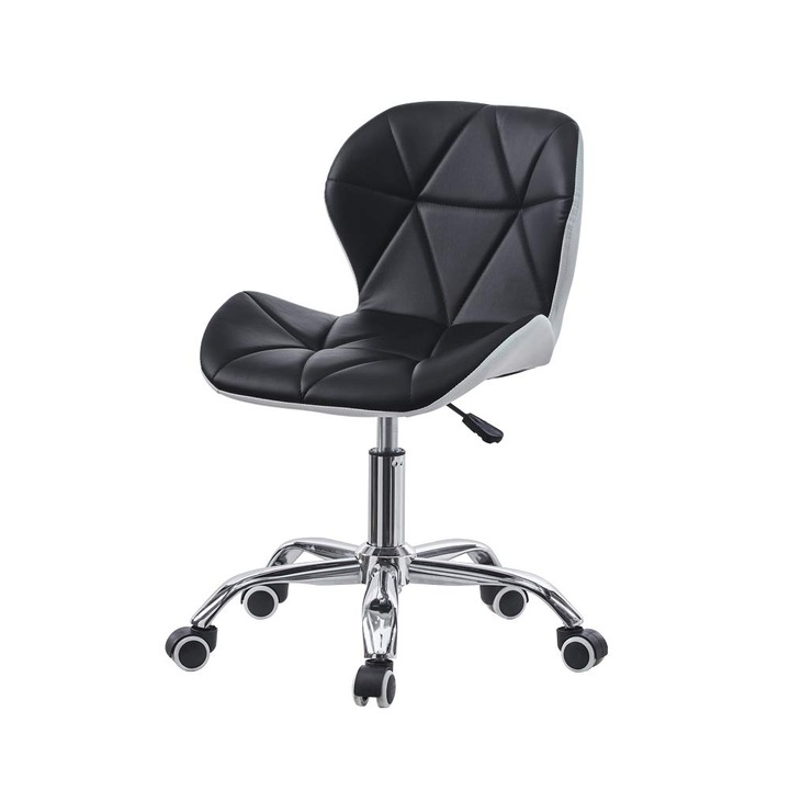 Scaun birou sau bar rotativ din piele ecologica, negru cu alb, design modern, reglabil pe inaltime, roti