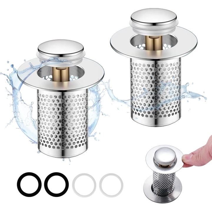 Mosogató lefolyószűrő, rozsdamentes acél szűrő, kiugró kialakítás, korrózióálló, könnyen tisztítható, ezüst, 34-48 mm-es mosogatókhoz, ezüst, 2 darabos készlet - CN