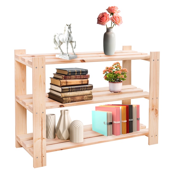 Raft din lemn de pin, design modern, natur, 80x38x55 cm