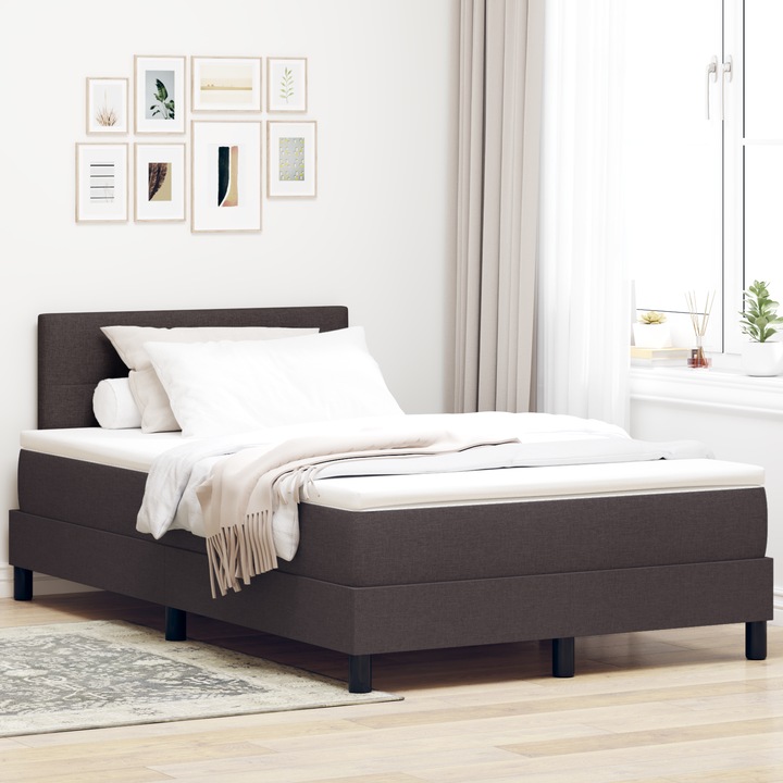 Pat Box Spring vidaXL, gri inchis, 120x190cm, cu saltea si topper
