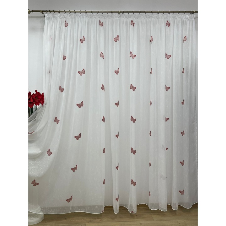 Perdea brodata, culoare alb/rosu, cu rejansa, 250x245cm, din colectia "Papillon" by Liz Line - PD04425