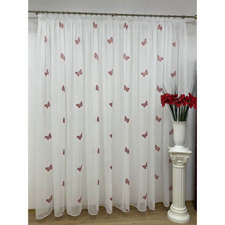 Perdea brodata, culoare alb/rosu, cu rejansa, 200x245cm, din colectia "Papillon" by Liz Line - PD0442