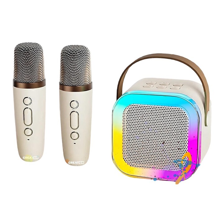 Set Statie Smart Cu Microfon Si Boxa Wireless GREATON, Karaoke, 2 Microfoane Incluse, Pentru Copii Si Adulti, Portabil, 2 In 1 Cu Lumina LED RGB, Slot Card, Bej