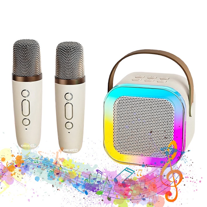 Комплект GREATON Smart Station с микрофон и безжичен високоговорител, караоке, 2 микрофона включени, за деца и възрастни, преносим, 2 в 1 с RGB LED светлина, слот за карта, бежов