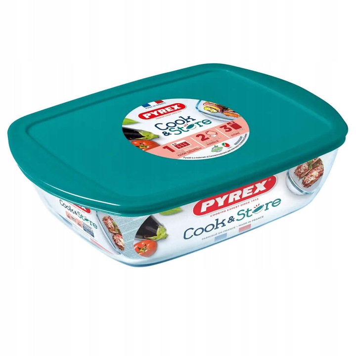 Cutie alimentara Pyrex Cook & Store 2.5L, sticla rezistenta la caldura, capac inteligent, 28x20x8cm