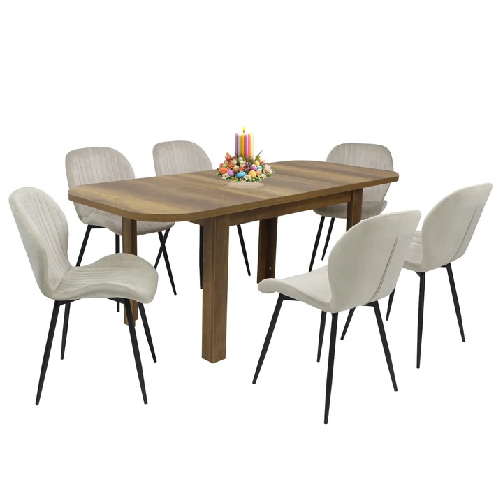 Set masa extensibila Roma Nuc cu 6 scaune Opal Capucino, picioare negre, tapiterie din material textil, dreptunghiulara, blat din PAL laminat, 140x80x75 cm