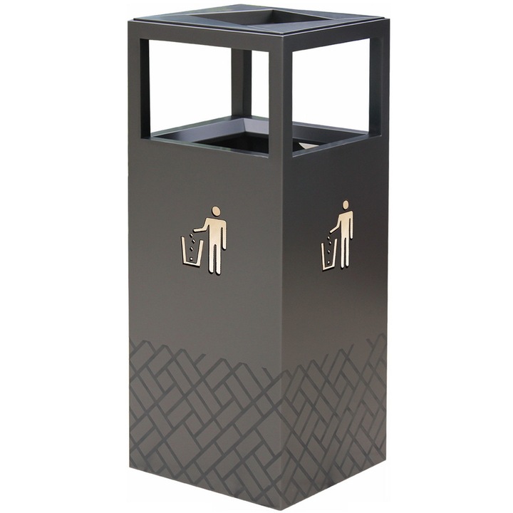 Cos de gunoi cu scrumiera Smash Design Bravio 123, negrub40x40x96cm, otel inoxidabil 201, capacitate 80L