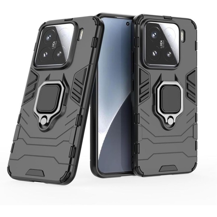 Кейс G-Ring Defender, съвместим с Xiaomi 15 Pro 5G, Antishock Armor, въртящ се на 360 градуса пръстен, вграден магнит за закрепване в кола, TPU + PC, черен