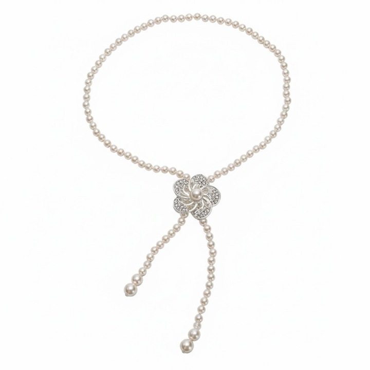 Curea dama imitatie perle, catarama floare, alb perlat, reglabila