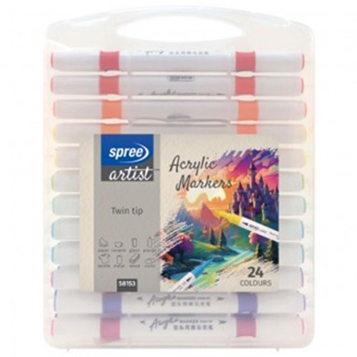 Set 24 culori marker 2 capete ACRILIC cutie PP