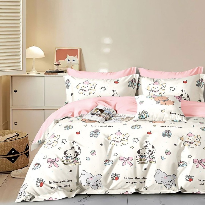 Kétszemélyes ágyneműhuzat kutyusokkal, 100% pamut perkál, 240x260 cm, 4 darab, Lenzerii Deosebite, PRC166