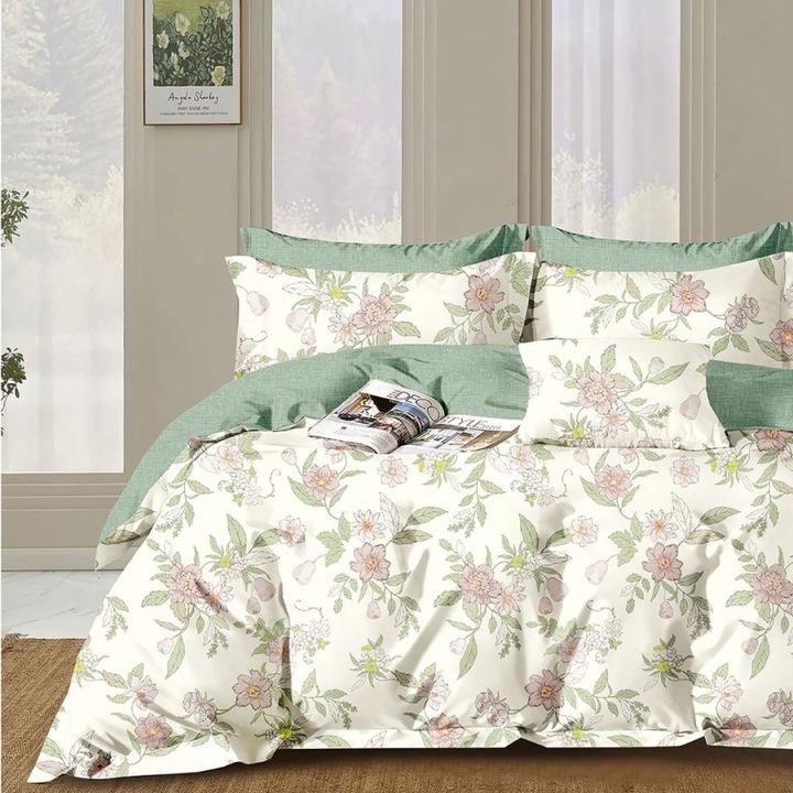 Kétszemélyes ágyneműhuzat botanikai virágmintával, 100% pamut perkál, 240x260 cm, 4 darab, Lenzerii Deosebite, PRC177