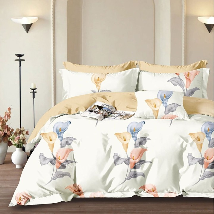 Kétszemélyes ágynemű kálákkal, 100% pamut perkál, 240x260 cm, 4 darab, Lenzerii Deosebite, PRC180